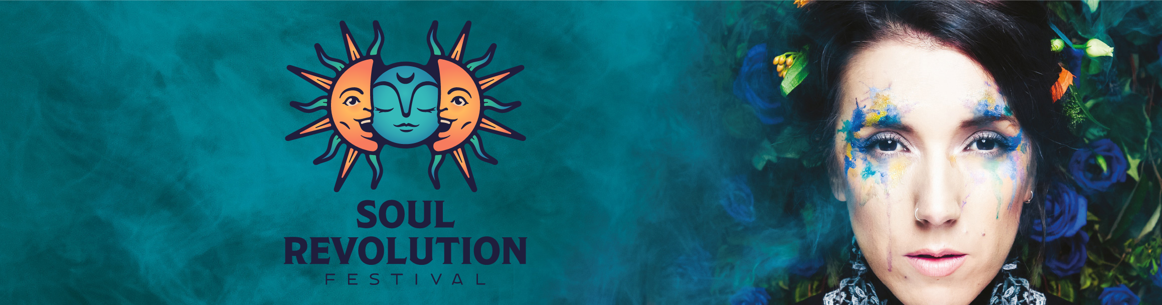Nessi Gomes adorned with vibrant face paint, poised alongside the Soul Revolution Festival logo, embodying the festival's spirit of artistic and musical fusion.